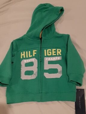 Tommy Hilfiger 18 Month  NWT Green Hooded Zip Sweatshirt with Chest Graphics